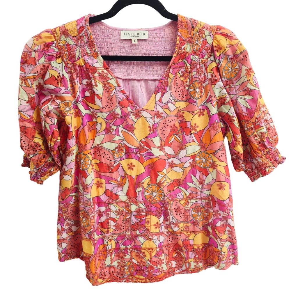 Hale Bob Pink Orange Fruit Print Eyelet Cotton Smocked Top 31US2040 Small